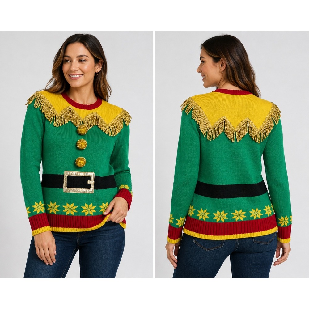 Blizzard Bay Festive Elf Ugly Christmas Sweater Green Yellow Red Fringe Womens M
